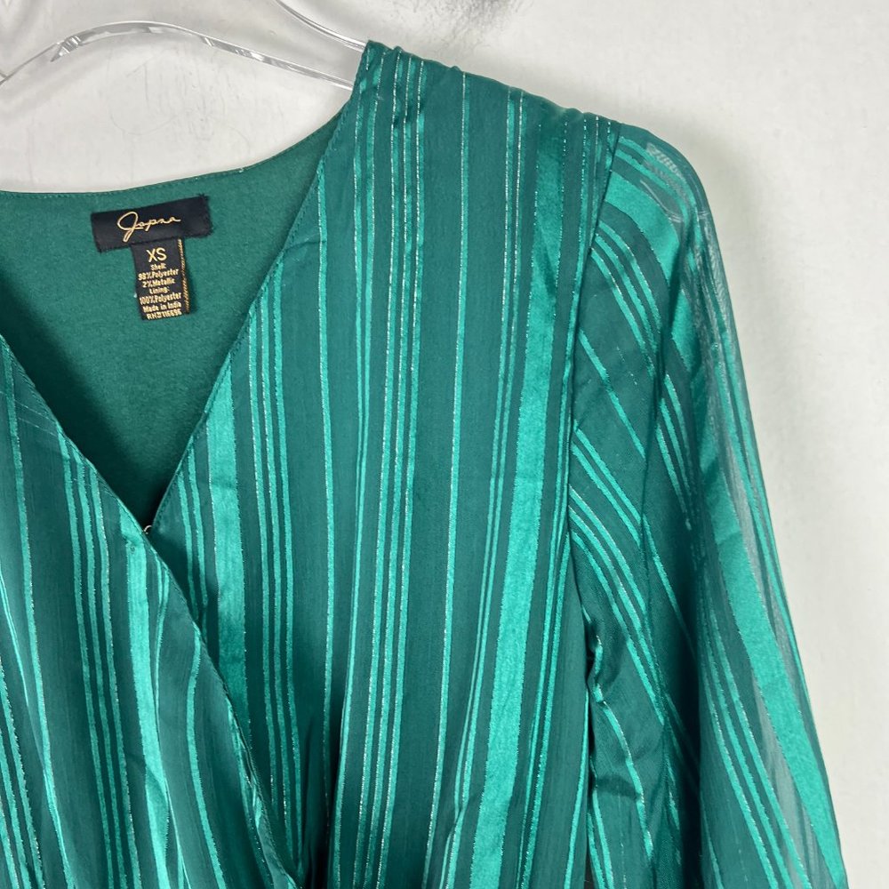 NWOT Japna Long Sleeve Striped Metallic Surplice Top Green Size XS NEW - Picture 3 of 11